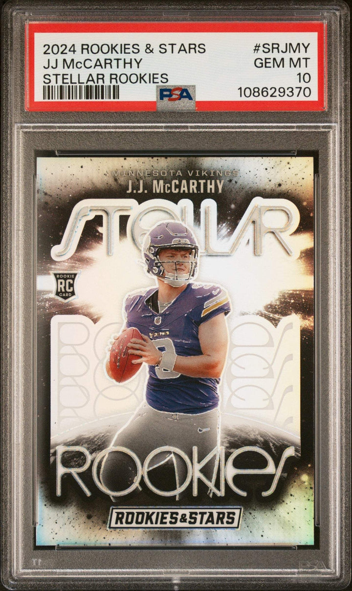 Graded 2024 Panini R&S JJ McCarthy #SRJMY Stellar Rookies Football Card PSA 10