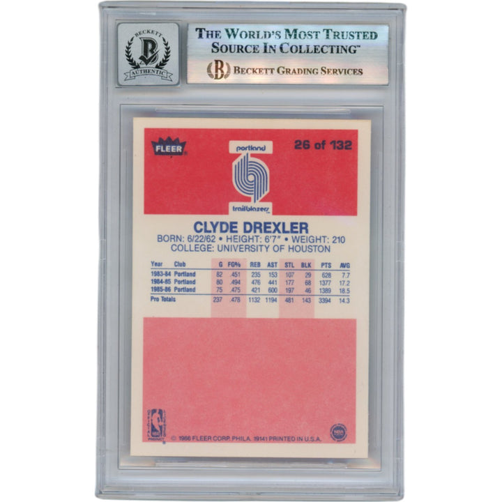 Clyde Drexler Autographed 1986 Fleer #26 Slabbed Trading Card Beckett 50669