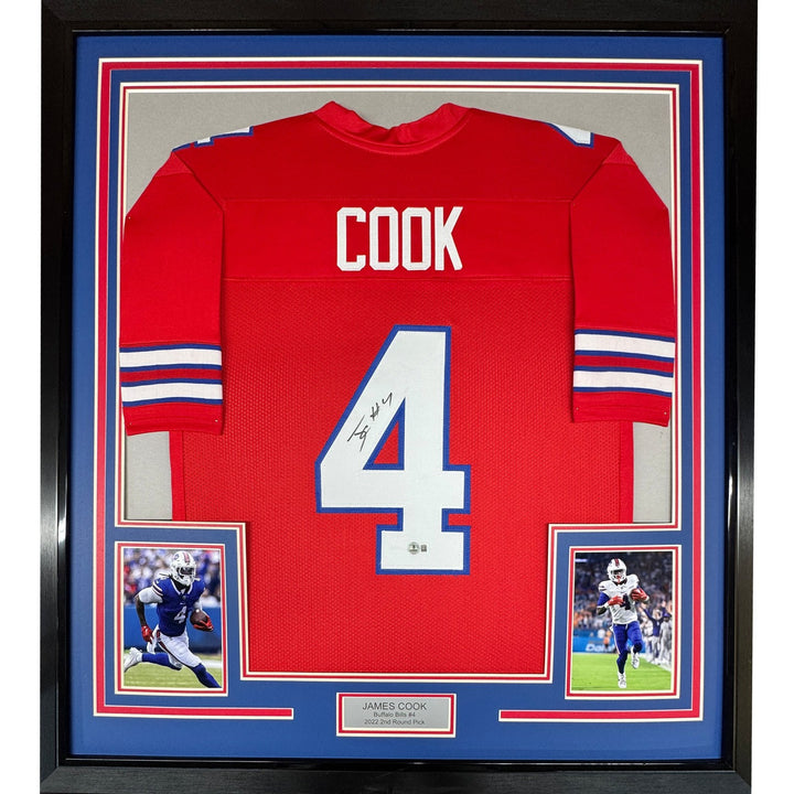 Framed Autographed/Signed James Cook 33x42 Buffalo Red Jersey BAS COA