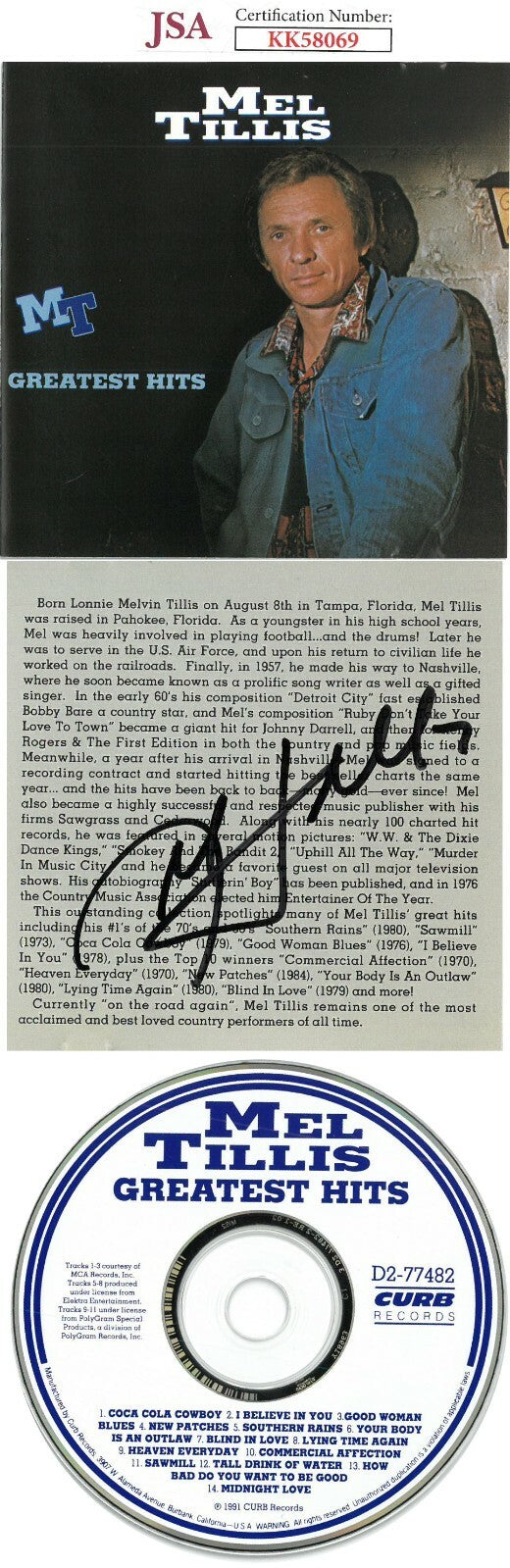 Mel Tillis signed 1991 Greatest Hits Album Back Cover w/ CD & Case- JSA #KK58069