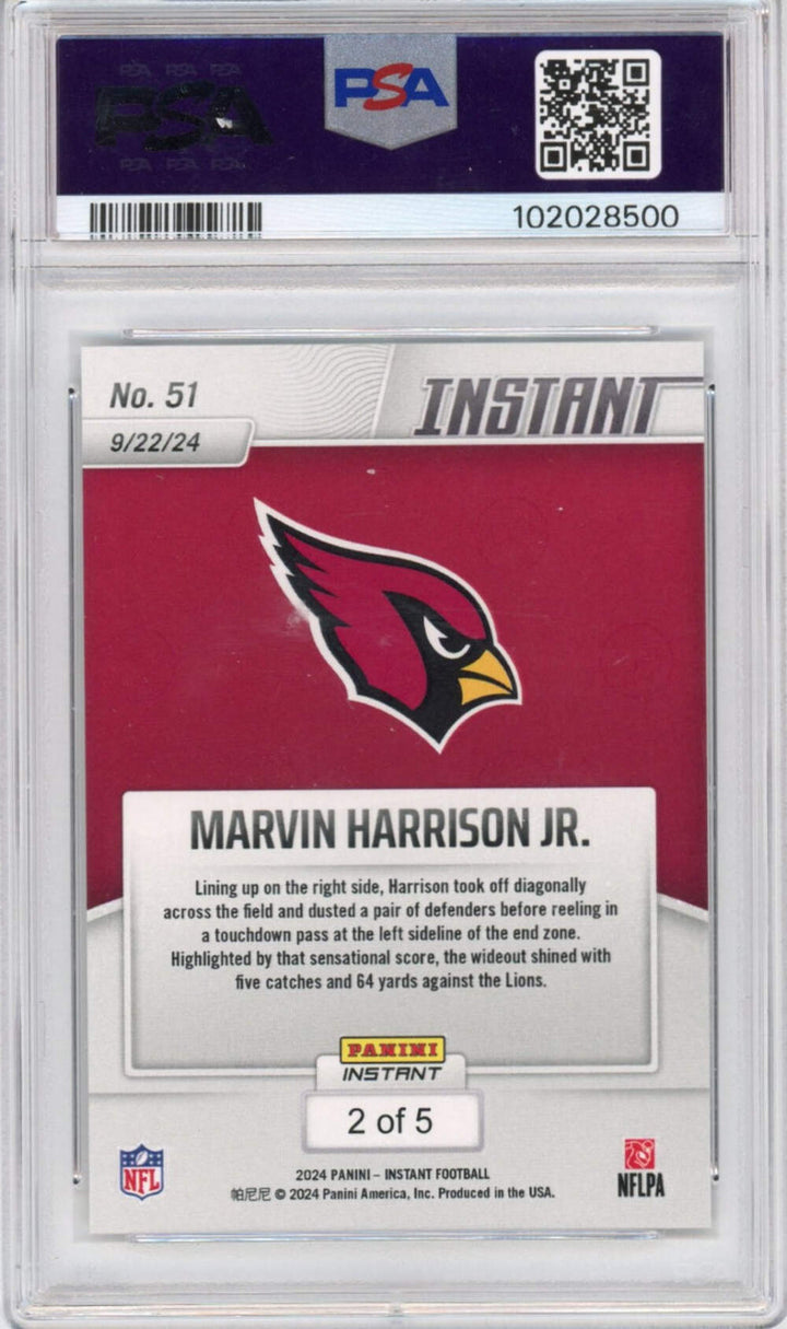 Graded 2024 Panini Marvin Harrison Jr #51 White Tiger /10 RC Football Card PSA 9