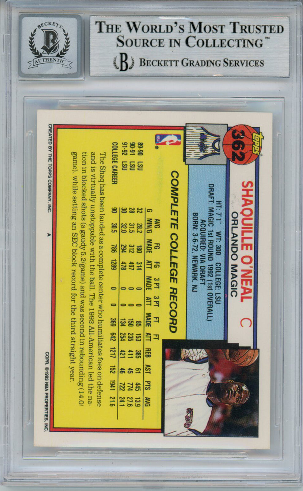 Shaquille O'Neal Autographed 1992 Topps #362 Rookie Card Beckett 10 Slab 33855