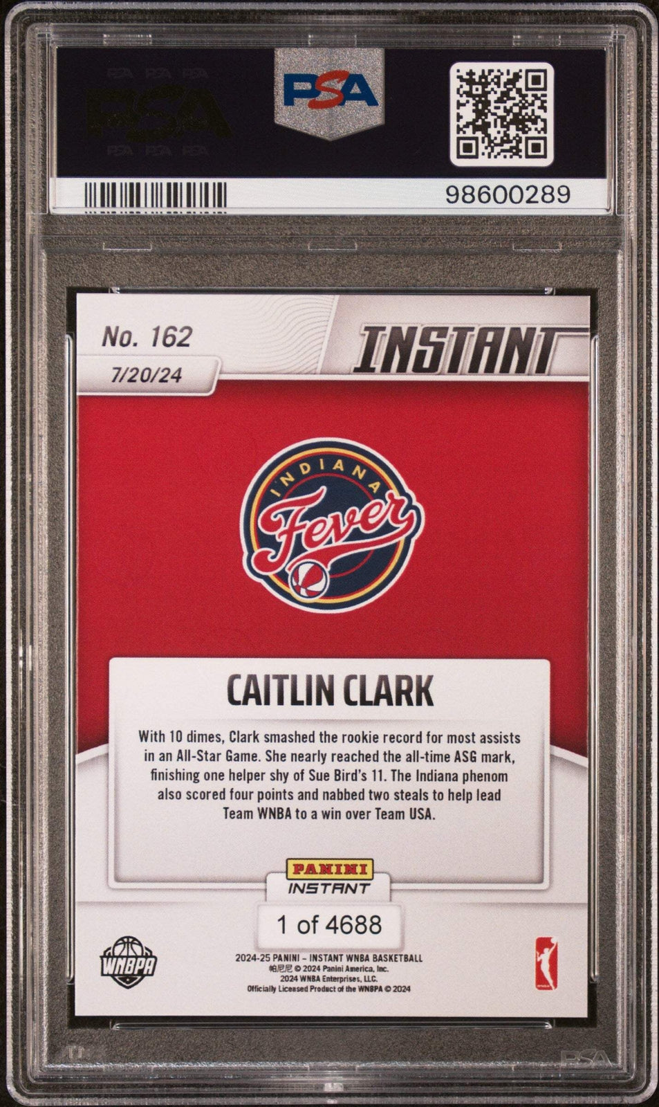 Graded 2024 Panini Instant WNBA Caitlin Clark #162 Rookie Basketball Card PSA 10
