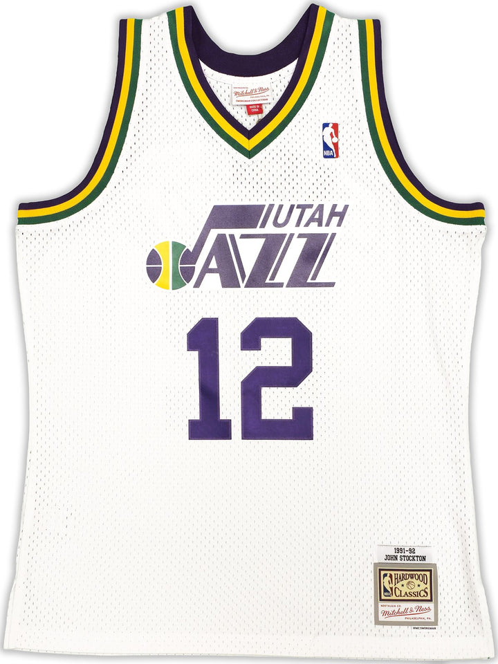 Jazz John Stockton Auto White AUTH Mitchell Ness 91-92 HWC Swingman Jersey L BAS