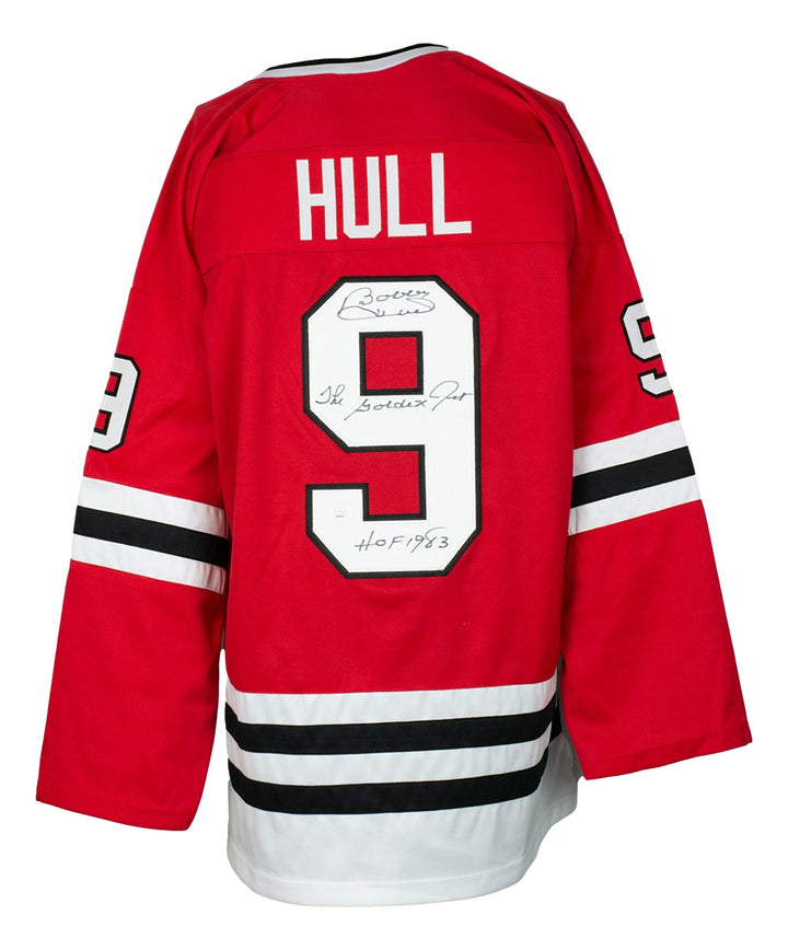 Bobby Hull Signed Custom Red Hockey Jersey HOF 1983 Golden Jet Insc JSA