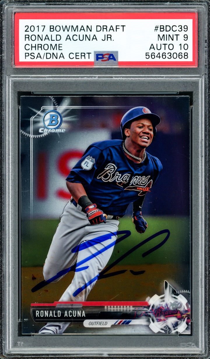 Ronald Acuna Jr. Signed 2017 Bowman Draft Chrome RC #BDC39 Braves PSA9 Auto 10
