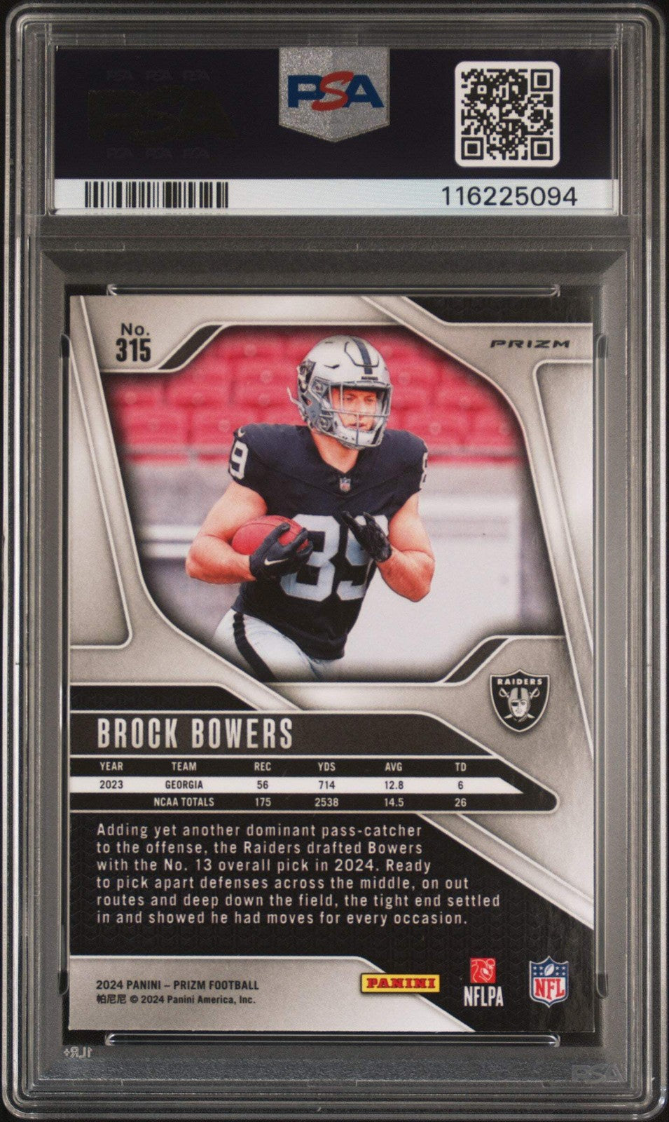 Graded 2024 Prizm Brock Bowers #315 Neon Green Pulsar RC Football Card PSA 10