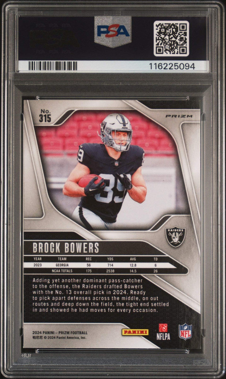 Graded 2024 Prizm Brock Bowers #315 Neon Green Pulsar RC Football Card PSA 10