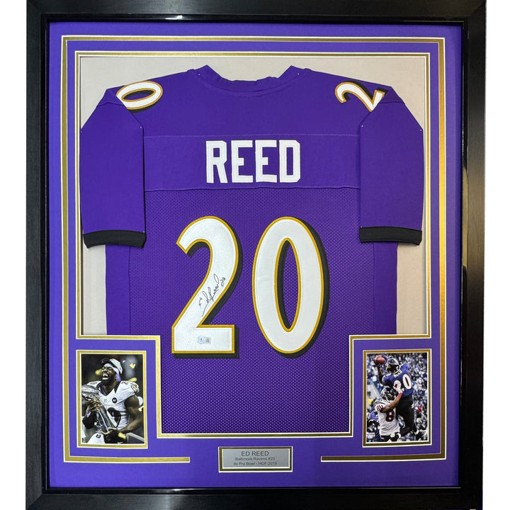 Framed Autographed/Signed Ed Reed 35x39 Baltimore Purple Jersey JSA COA