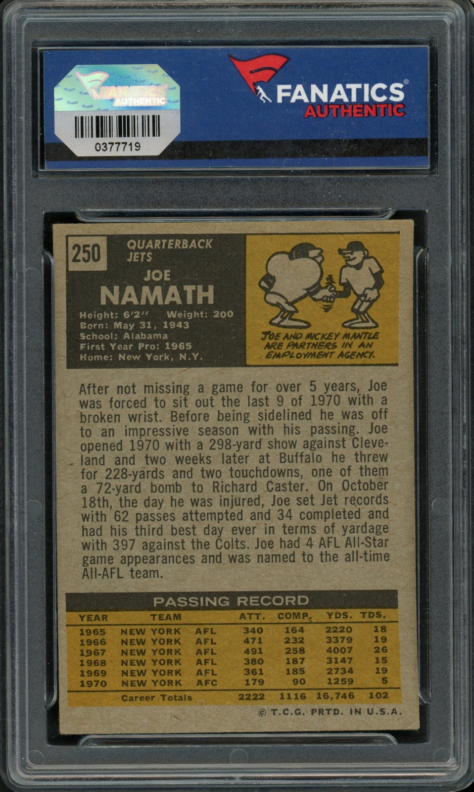 Joe Namath Autographed 1971 Topps Card #250 New York Jets Fanatics #CA01FB0301