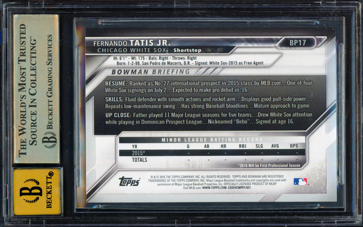 Fernando Tatis Jr. Auto 2016 Bowman Prospects RC #BP17 BGS 9.5 Sig 10 Beckett
