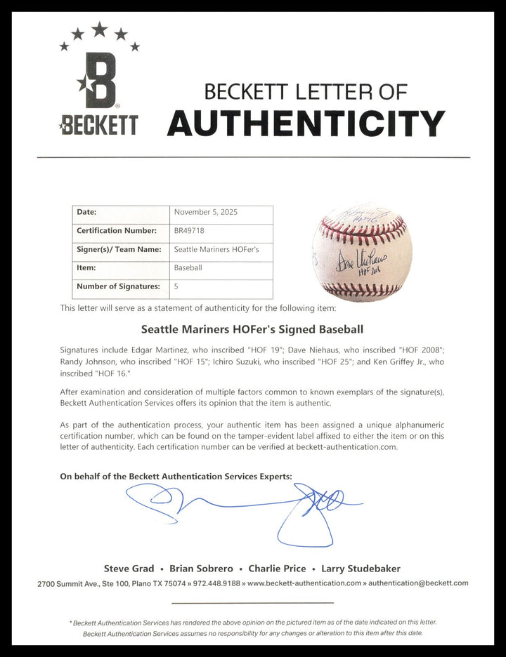 Mariners HOFrs Auto MLB Baseball 5 Sigs Ken Griffey Jr. & Dave Niehaus Beckett