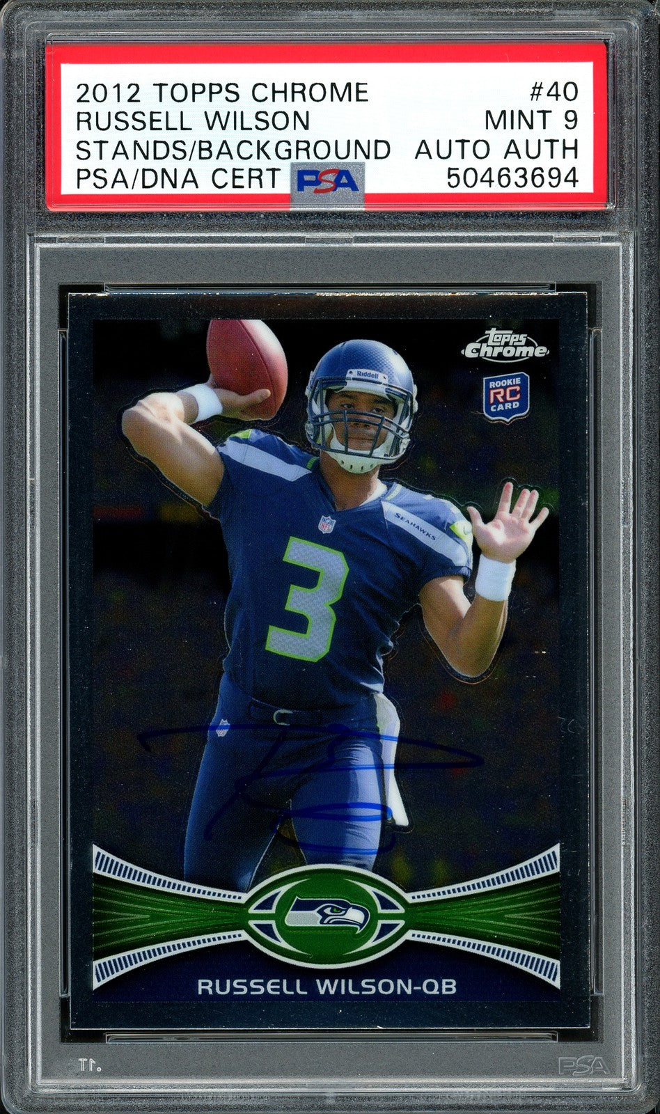 Russell Wilson Auto Signed 2012 Topps Chrome RC 40 Seahawks Card Mint 9 PSA/DNA