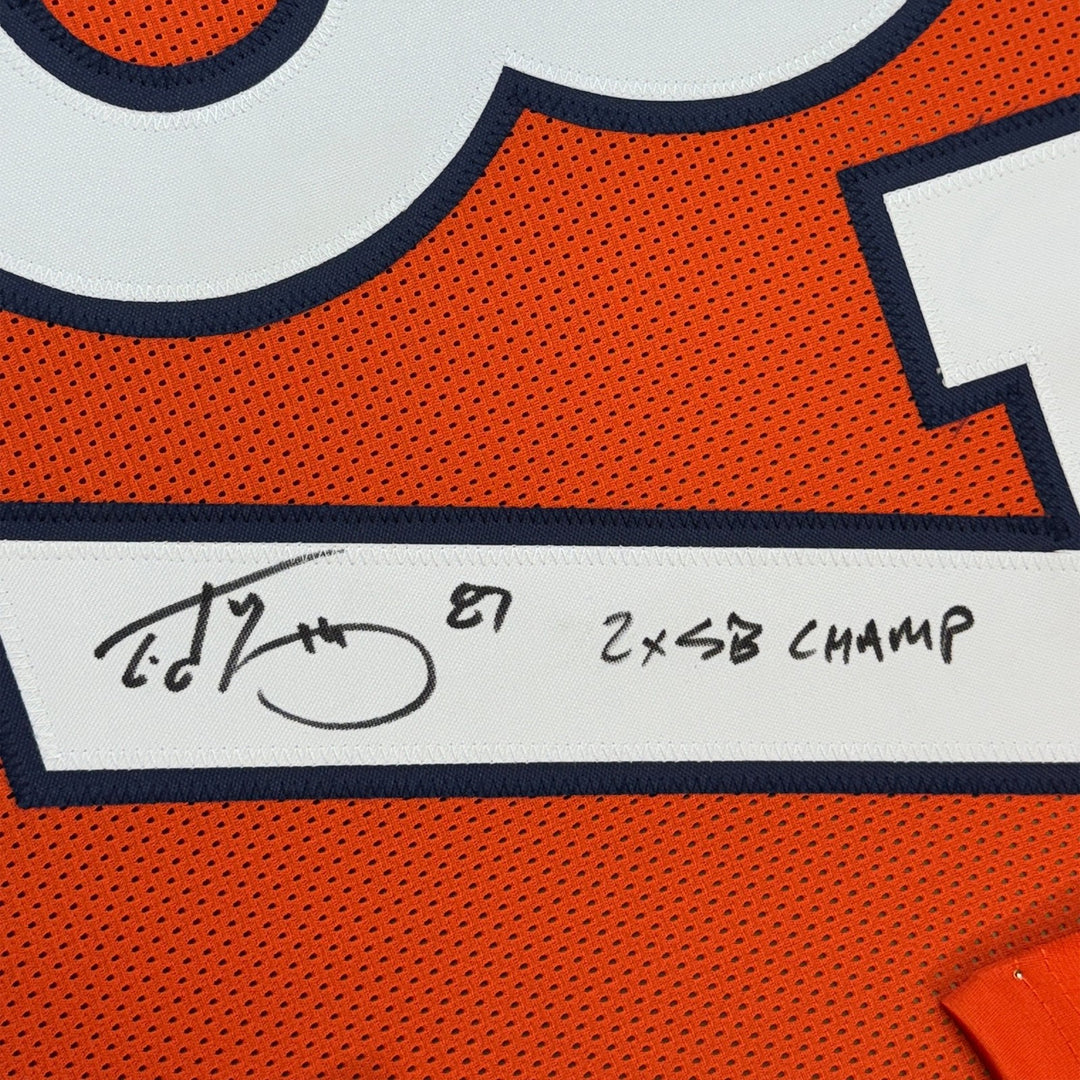 Framed Autographed/Signed Ed McCaffrey 35x39 2x SB Champs Orange Jersey COA