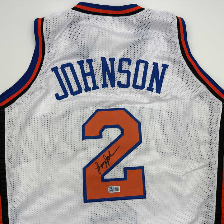 Autographed/Signed Larry Johnson New York White Basketball Jersey JSA COA Auto