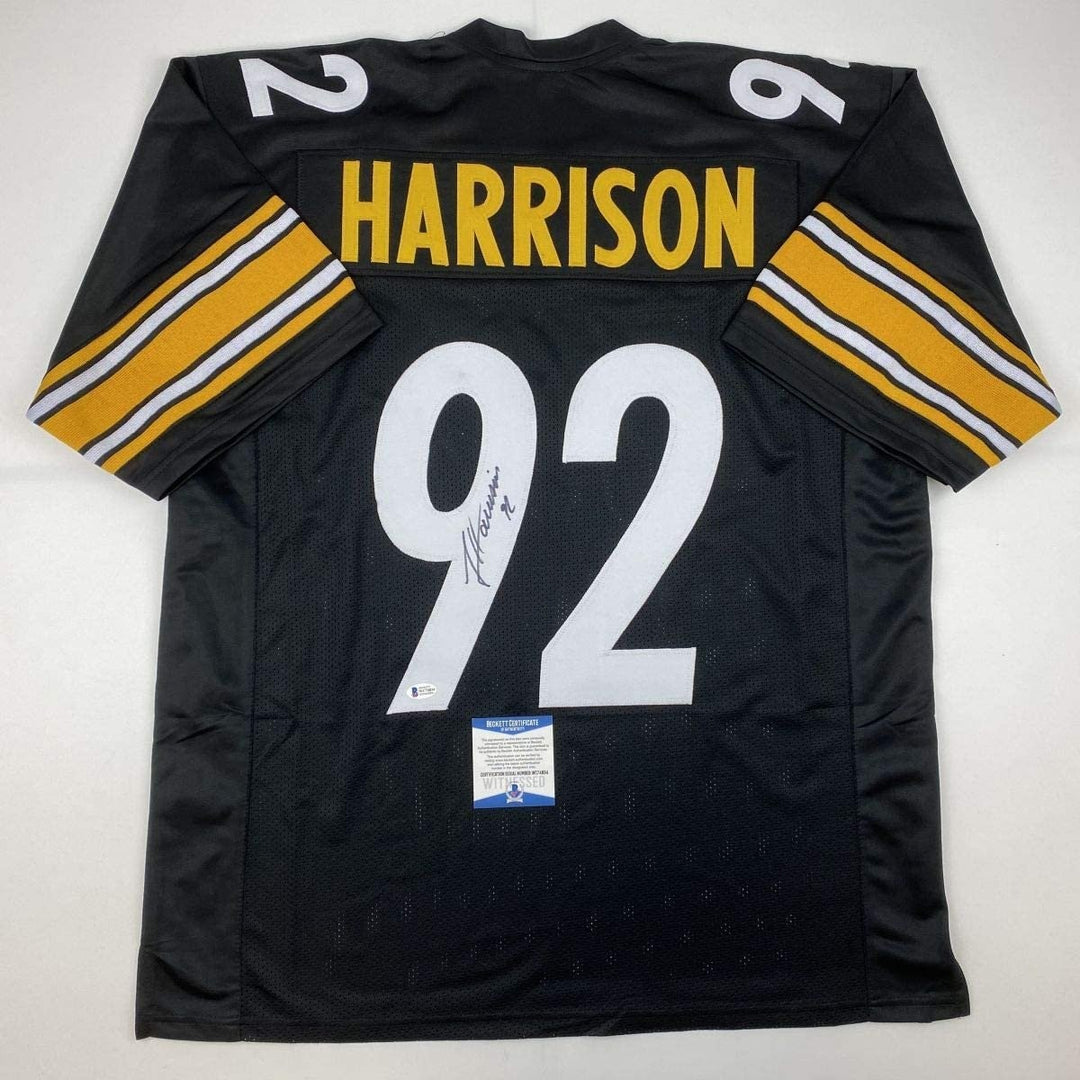 Autographed/Signed JAMES HARRISON Pittsburgh Black Jersey Beckett COA
