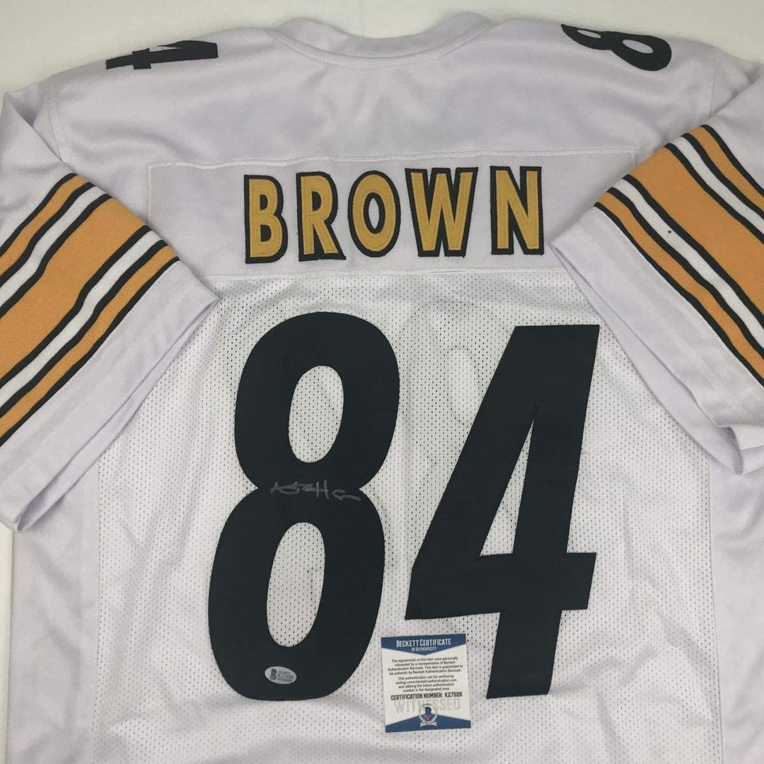 Autographed/Signed Antonio Brown Pittsburgh White Jersey Beckett BAS COA