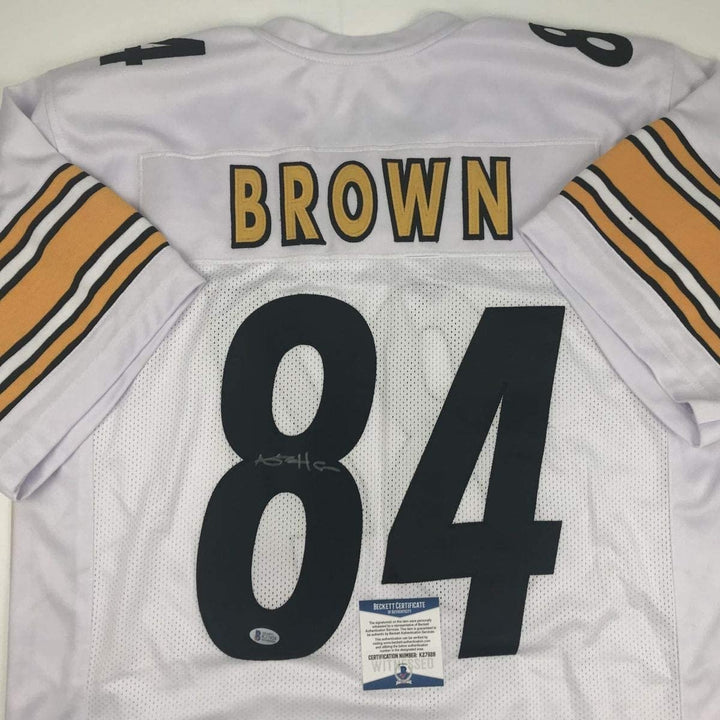 Autographed/Signed Antonio Brown Pittsburgh White Jersey Beckett BAS COA