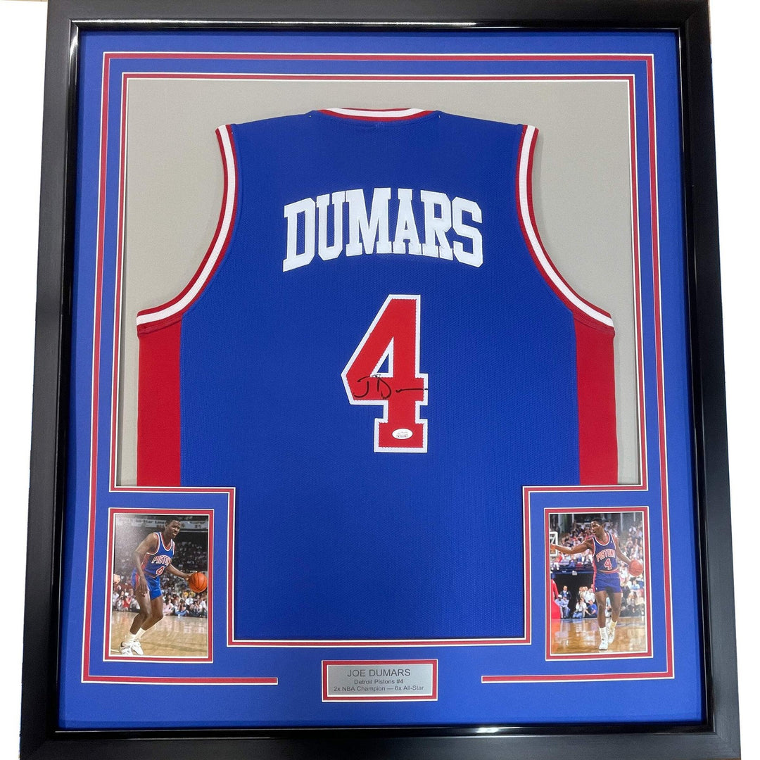 FRAMED Autographed/Signed JOE DUMARS 33x42 Detroit Blue Jersey JSA COA Auto