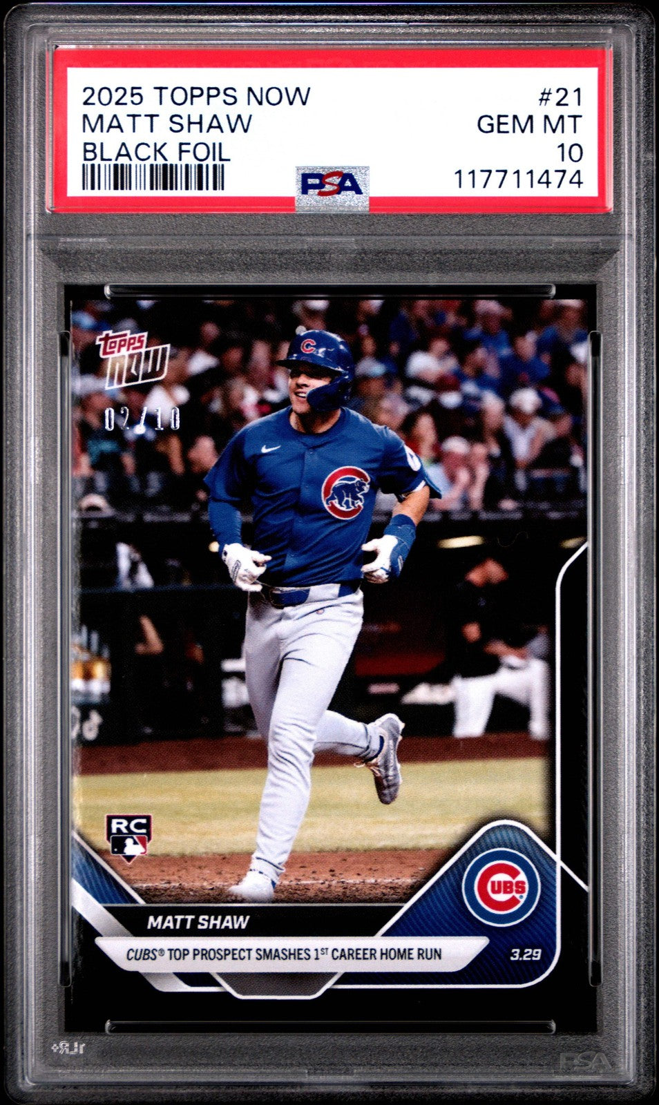 Graded 2025 Topps Now Matt Shaw #21 Black Foil /10 Rookie Baseball Card PSA 10