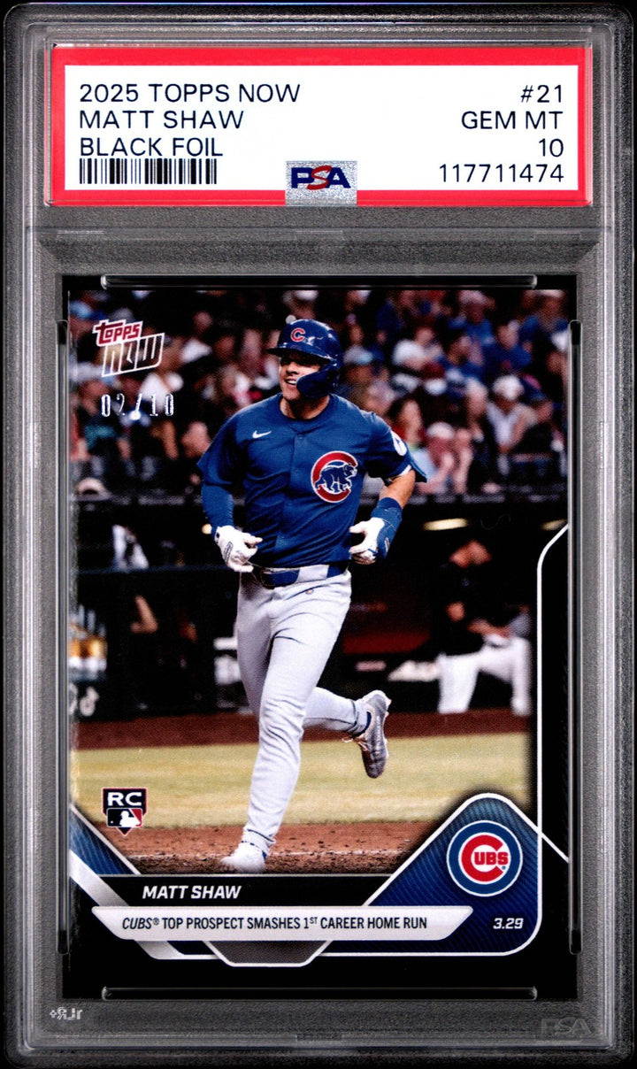 Graded 2025 Topps Now Matt Shaw #21 Black Foil /10 Rookie Baseball Card PSA 10