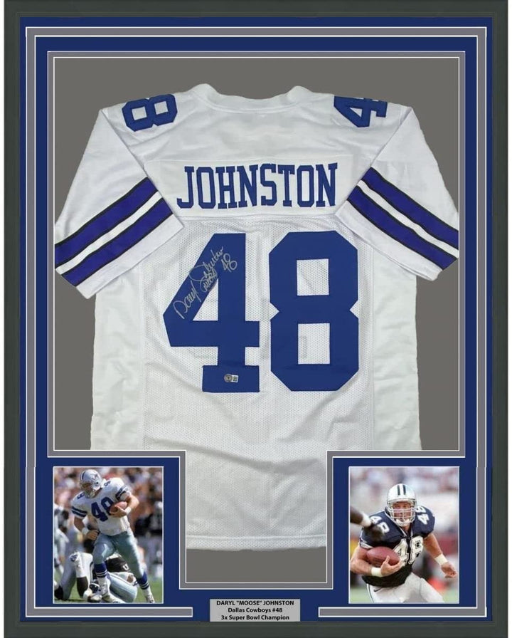FRAMED Autographed/Signed DARYL MOOSE JOHNSTON 33x42 White Jersey BAS COA