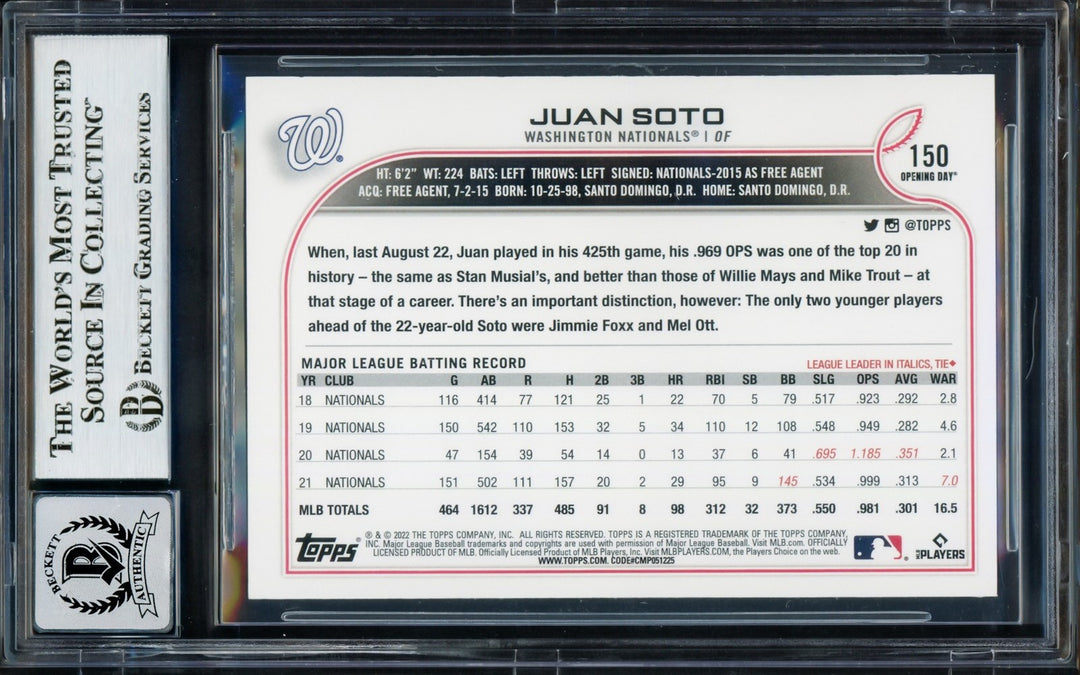 Juan Soto Auto 2022 Topps Opening Day Card 150 Mets Auto GM 10 Beckett #17039164