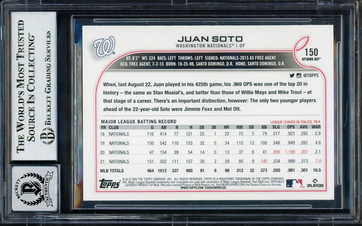 Juan Soto Auto 2022 Topps Opening Day Card 150 Mets Auto GM 10 Beckett #17039164