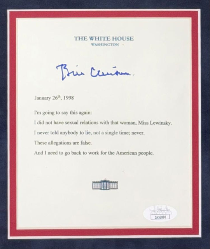 Bill Clinton Signed In Blue Framed White House Letter Monica Lewinsky JSA