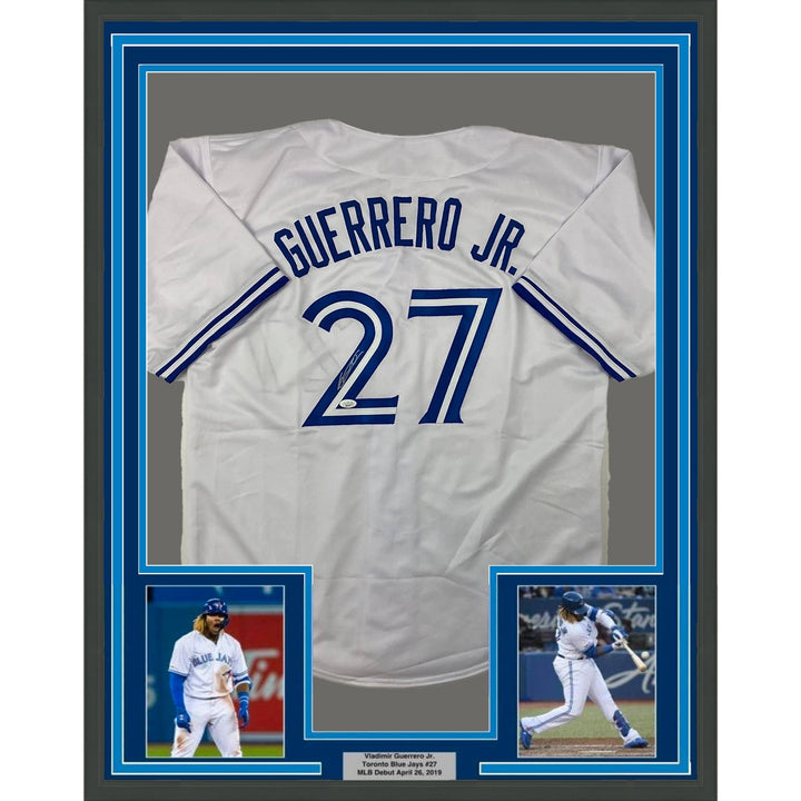 Framed Signed Vladimir Vlad Guerrero Jr. 35x39 White Jersey JSA COA