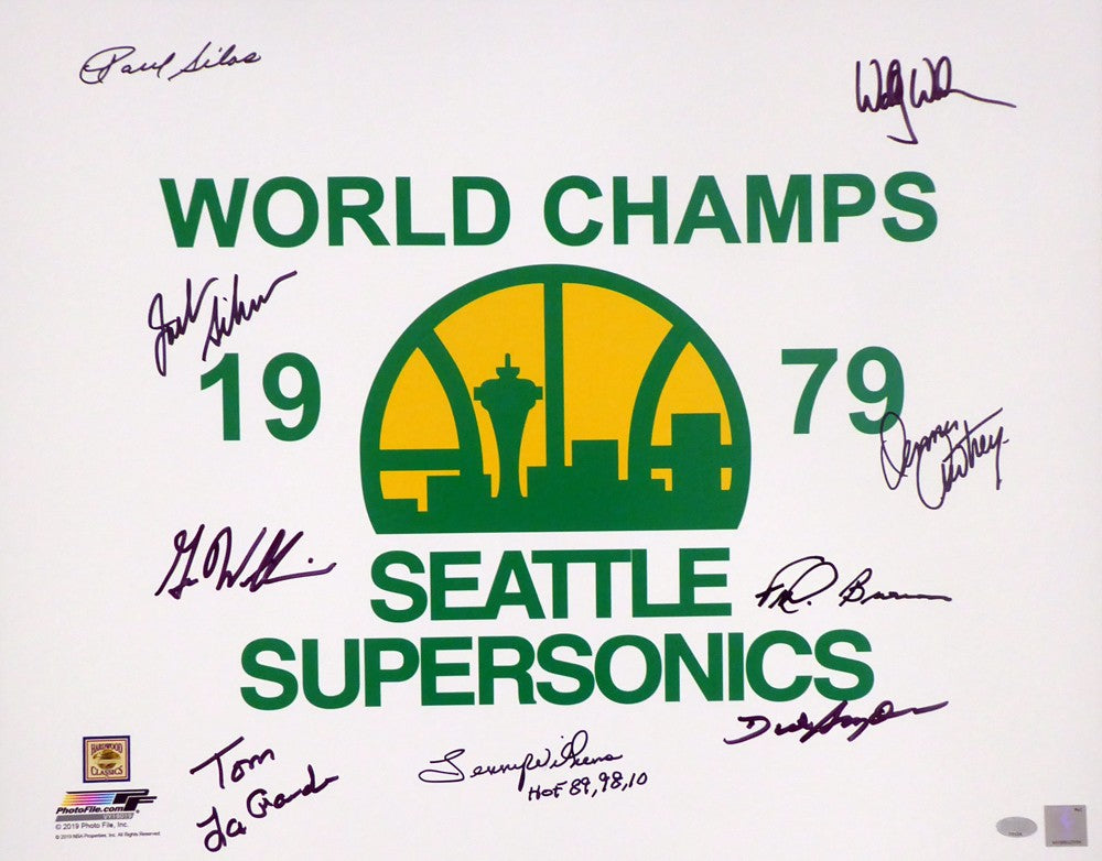 1978-79 NBA Champ Supersonics Auto 16x20 Photo 9 Sig Fred Brown, Lenny Wilkens
