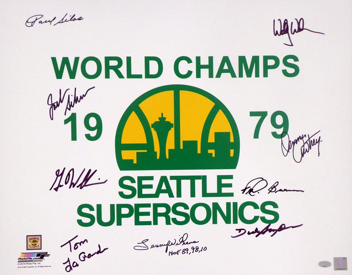 1978-79 NBA Champ Supersonics Auto 16x20 Photo 9 Sig Fred Brown, Lenny Wilkens
