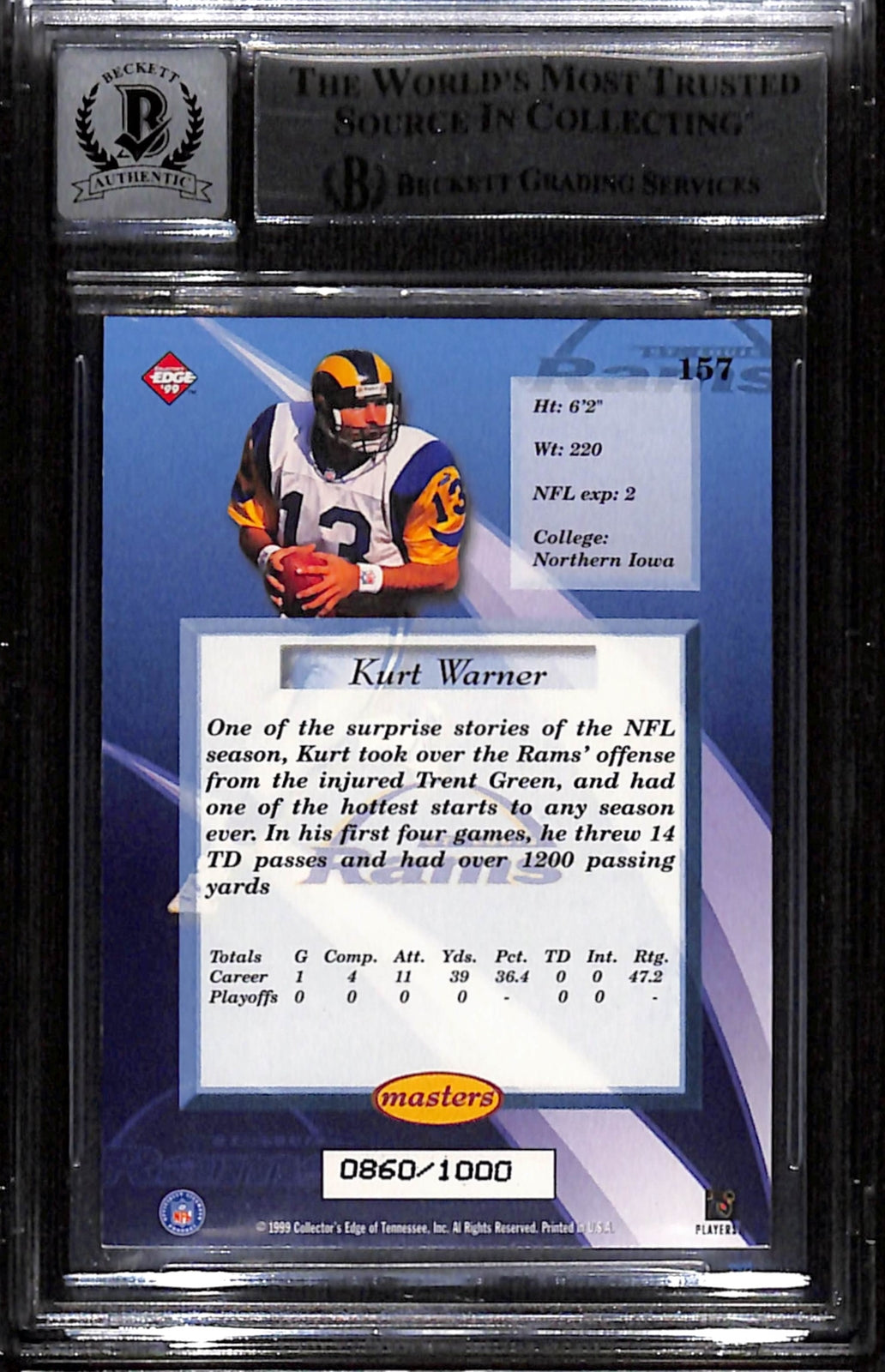 Kurt Warner Signed '99 Edge Masters Galvanized /1000 Card Grade 10 BAS 43896