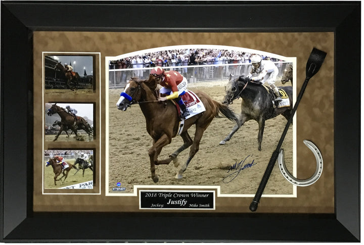 Mike Smith signed Justify triple crown photo horseshoe whip framed auto steiner