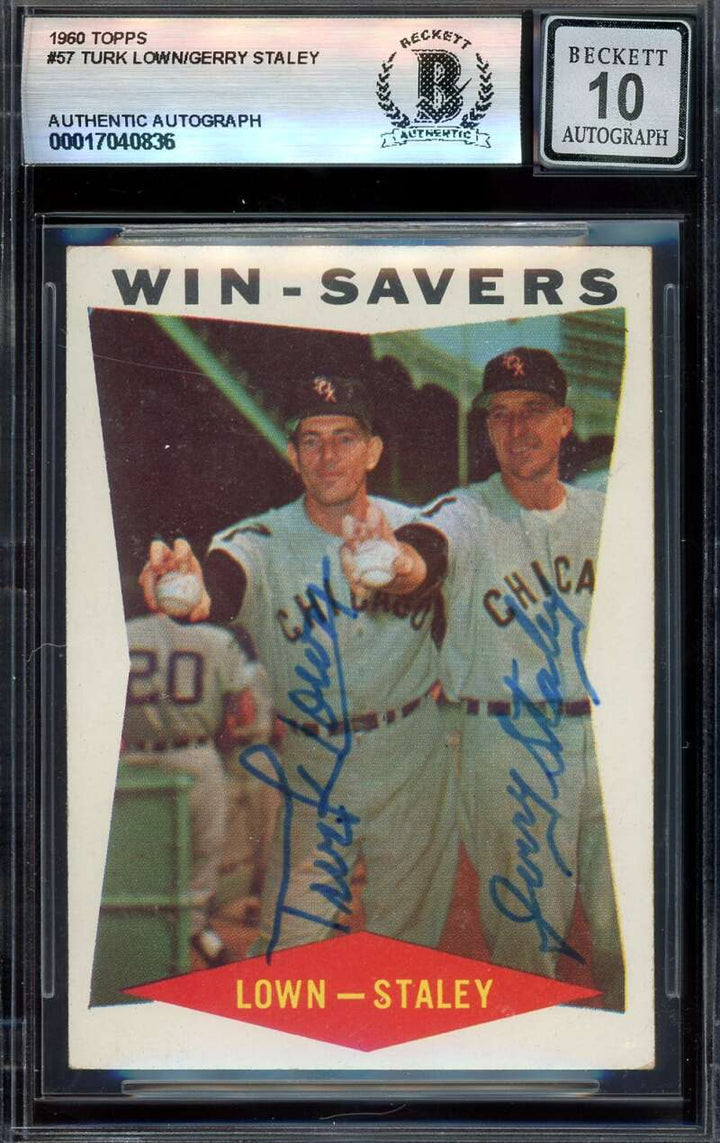 Turk Lown Gerry Staley Gem Mint 10 Beckett BAS Signed 1960 Topps Win Savers Auto