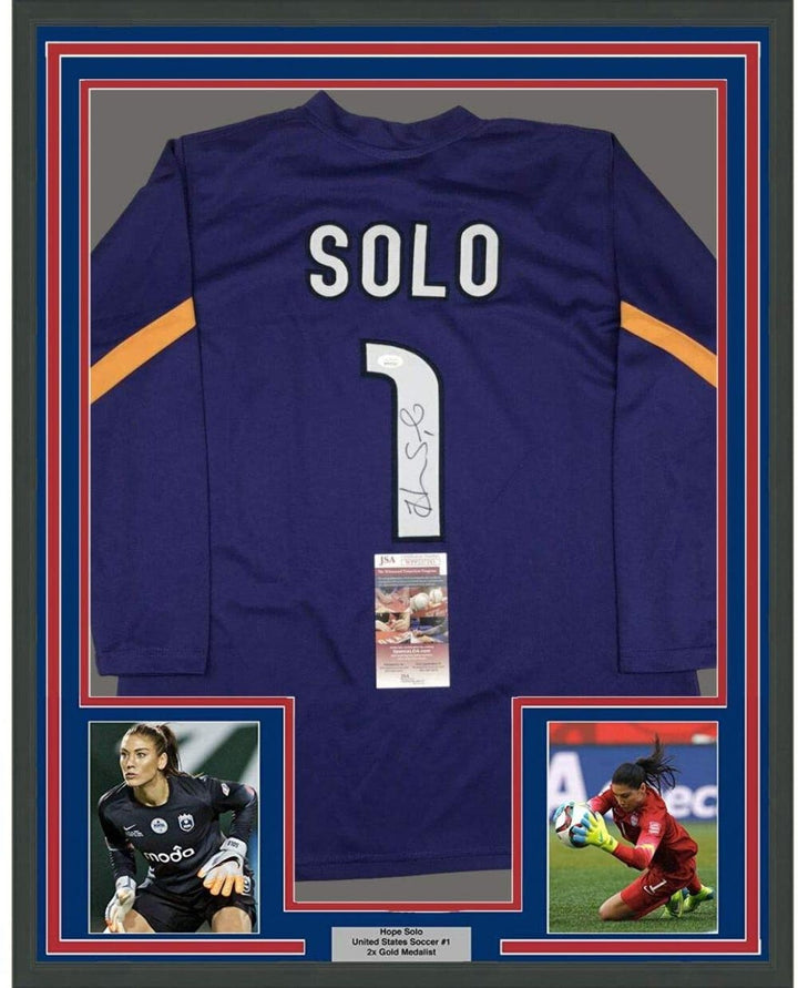 Framed Autographed/Signed Hope Solo 35x39 Purple USA World Cup Jersey JSA COA