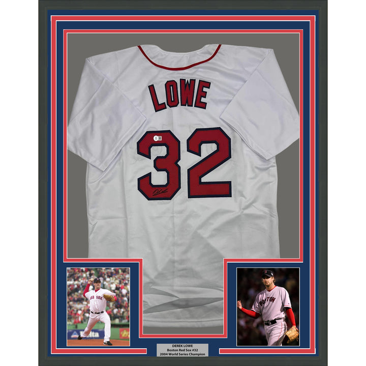Framed Autographed/Signed Derek Lowe 35x39 Boston White Jersey Beckett BAS COA
