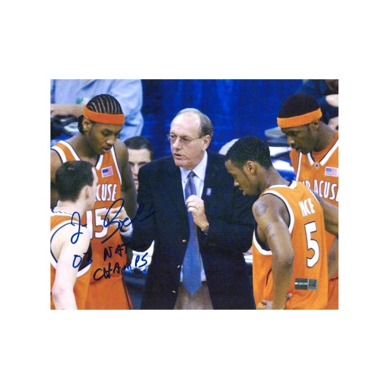 Jim Boeheim Syracuse University Autographed & Inscribed "03 Natl Champs" 8x10 Photograph Coaching Carmelo and Gerry in 2003 (CX Auth)