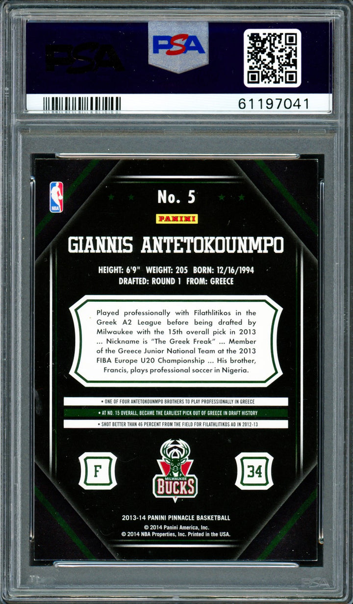 Giannis Antetokounmpo Auto 2013 Panini Pinnacle RC 5 Bucks PSA 8 Sig 9 PSA/DNA