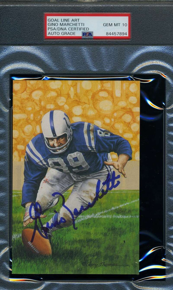 Gino Marchetti Gem Mint 10 PSA DNA Slabbed Signed Goal Line Art Card Autograph G