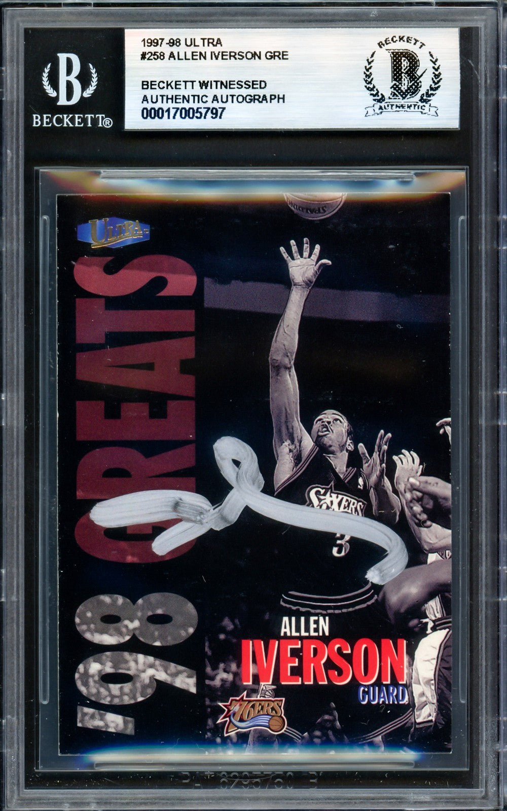 Allen Iverson Signed 1997-98 Fleer Ultra Card 258 76ers Beckett Wit #17005797