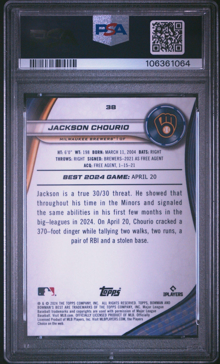 Graded 2024 Topps Bowmans Best Jackson Chourio #38 Rookie Baseball Card PSA 10