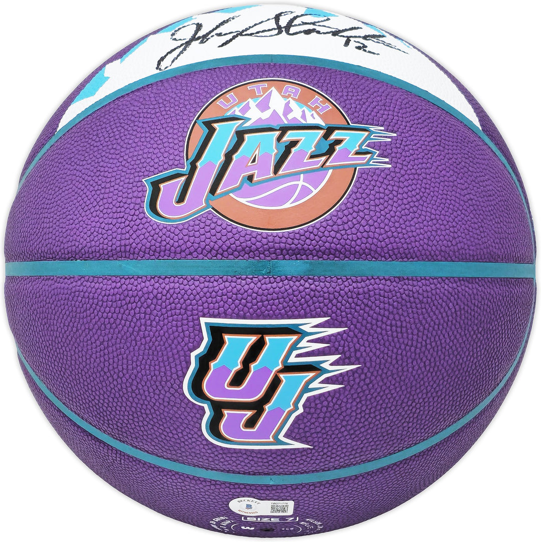 John Stockton Signed Purple City Edition Basketball Jazz Mountains Beckett Wit