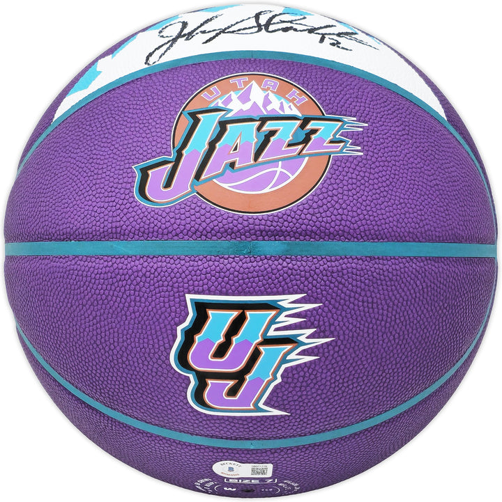 John Stockton Signed Purple City Edition Basketball Jazz Mountains Beckett Wit