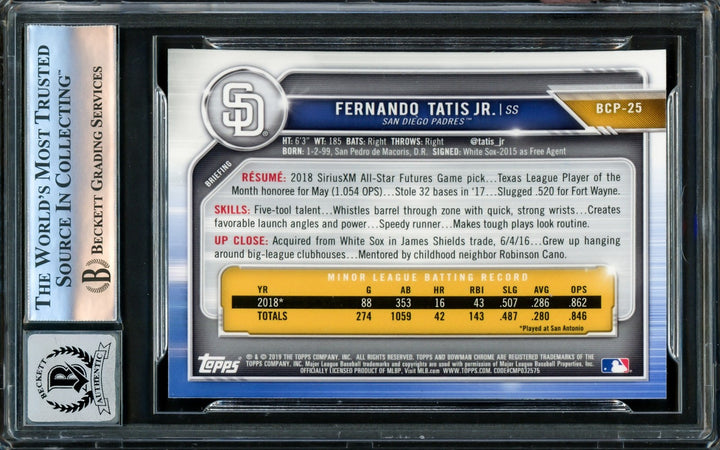 Fernando Tatis Jr. Signed 2019 Bowman Chrome Prospects RC #BCP25 San Diego