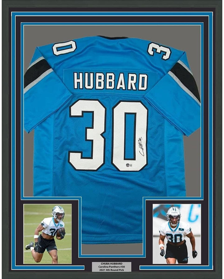 FRAMED Autographed/Signed Chuba Hubbard 35x39 Carolina Blue Jersey BAS COA