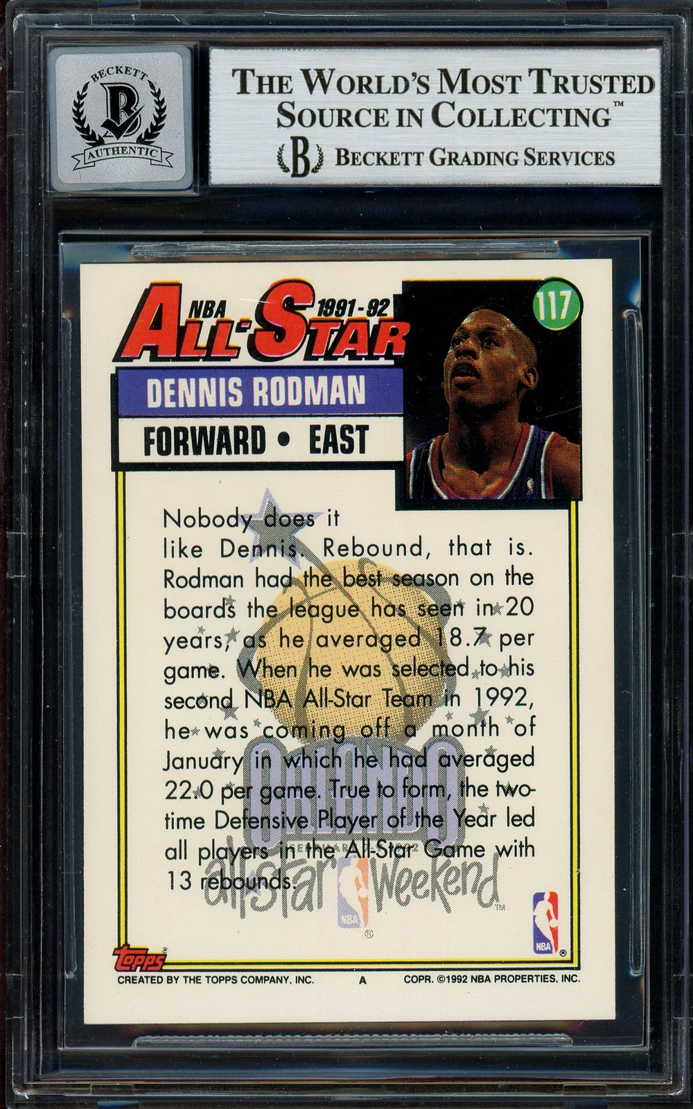Dennis Rodman Signed 1992-93 Topps Card 117 Detroit Pistons Auto GM 10 Beckett