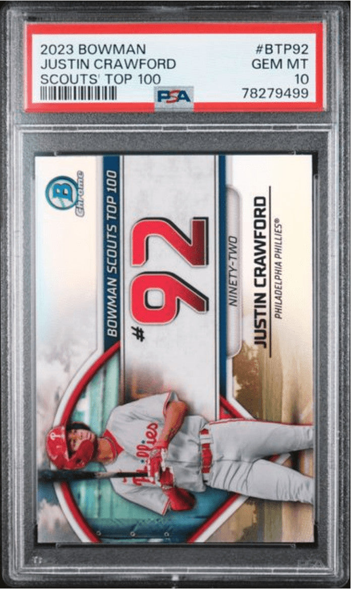 Graded 2023 Bowman Justin Crawford #BTP92 Scouts Top 100 RC Baseball Card PSA 10
