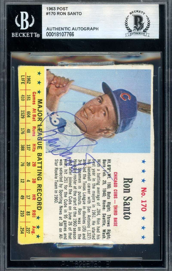 Ron Santo Beckett BAS Signed 1963 Post Autograph