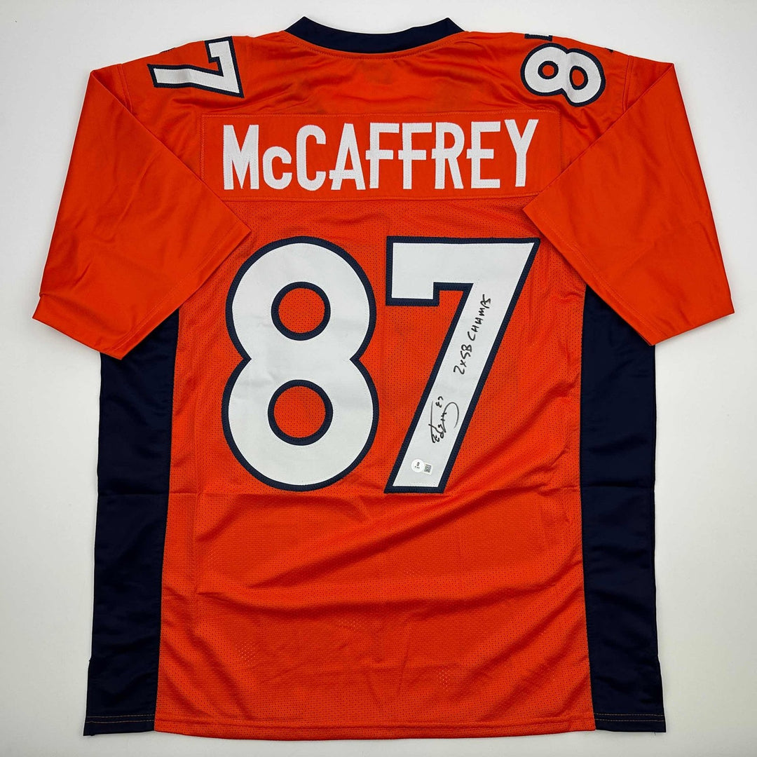 Autographed/Signed Ed McCaffrey 2x SB Champs Denver Orange Jersey BAS COA